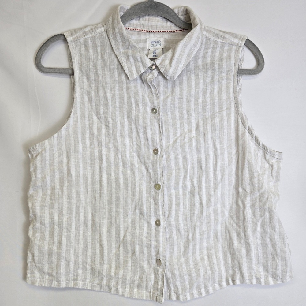 Sigrid Olsen Striped Sleeveless‎ Button Up Linen Cotton Top White Beige Large